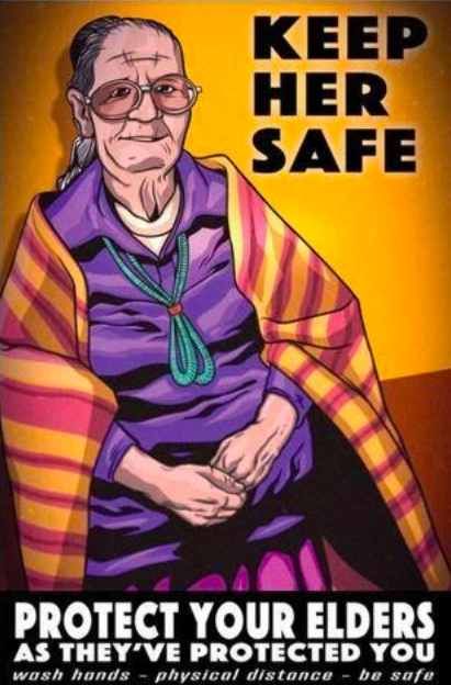 Poster encouraging hand-washing in order to protect Diné elders by artist Dale Deforest (Diné/Navajo).